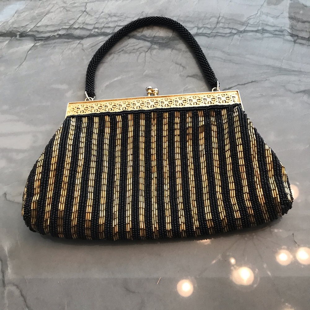 Black And Gold beaded evening bag kiss lock purse Stunning Well Made